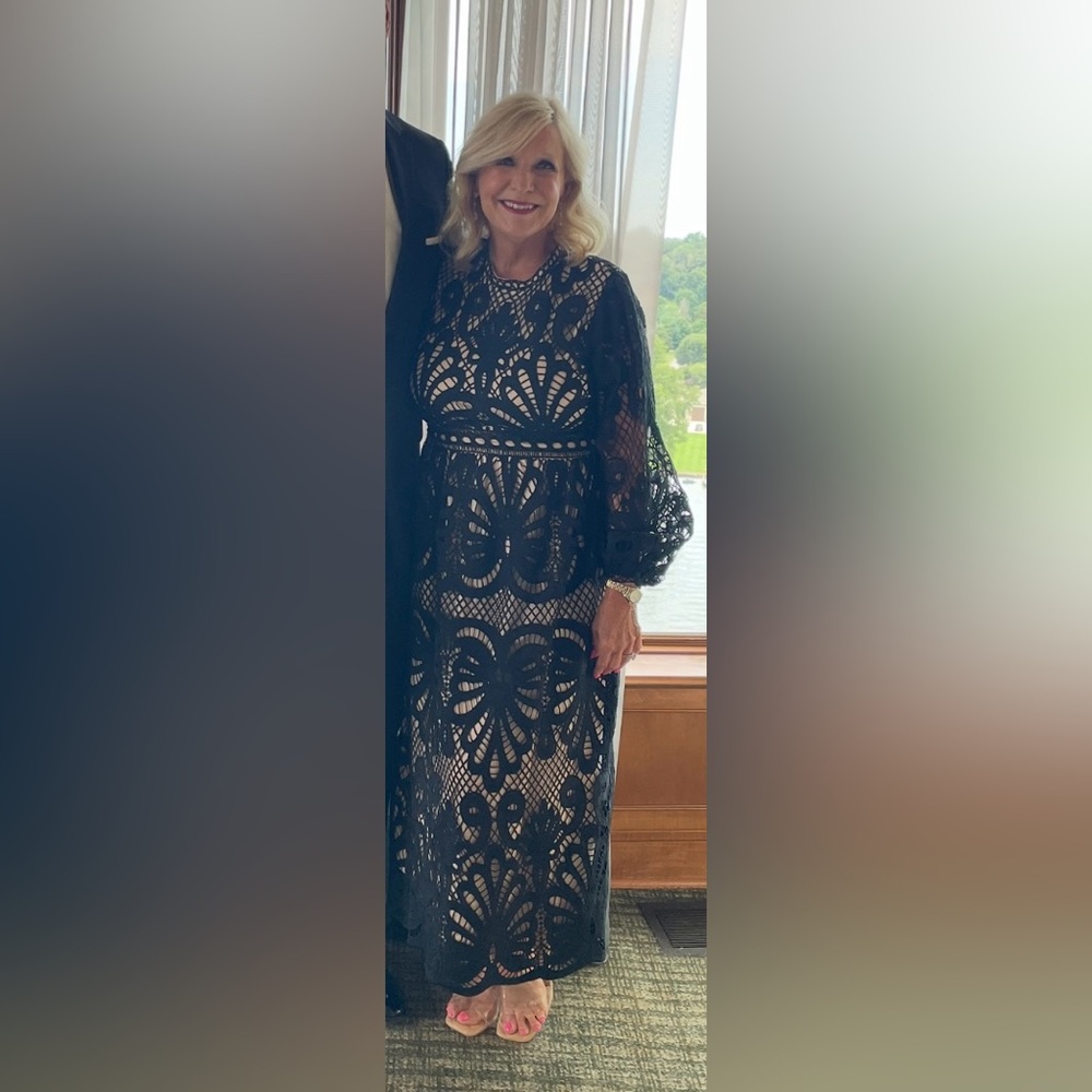 Bohme Black Tan Long Sleeve Mock Neck Cocktail Gown - Picture 11 of 11